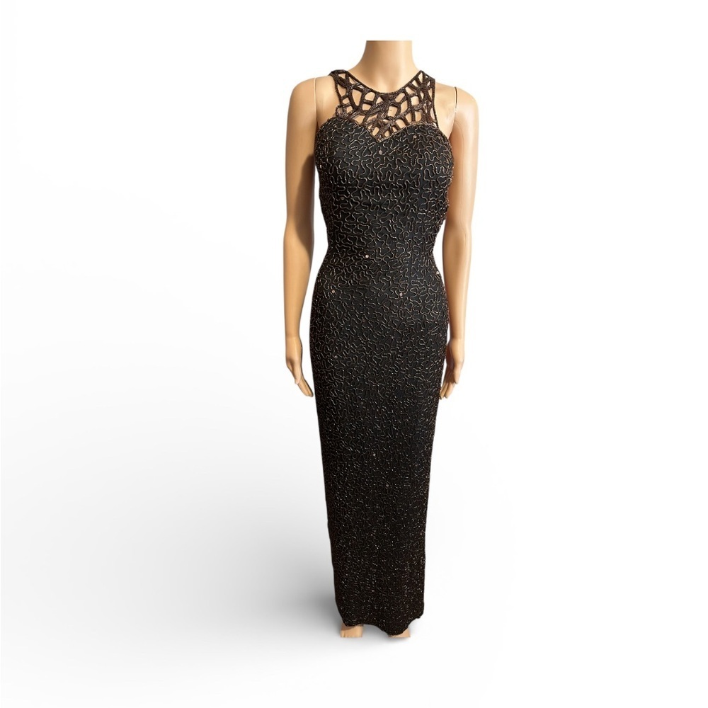 Scala vintage Black Maxi Dress with Intricate Neckline 100% silk size 4/6?